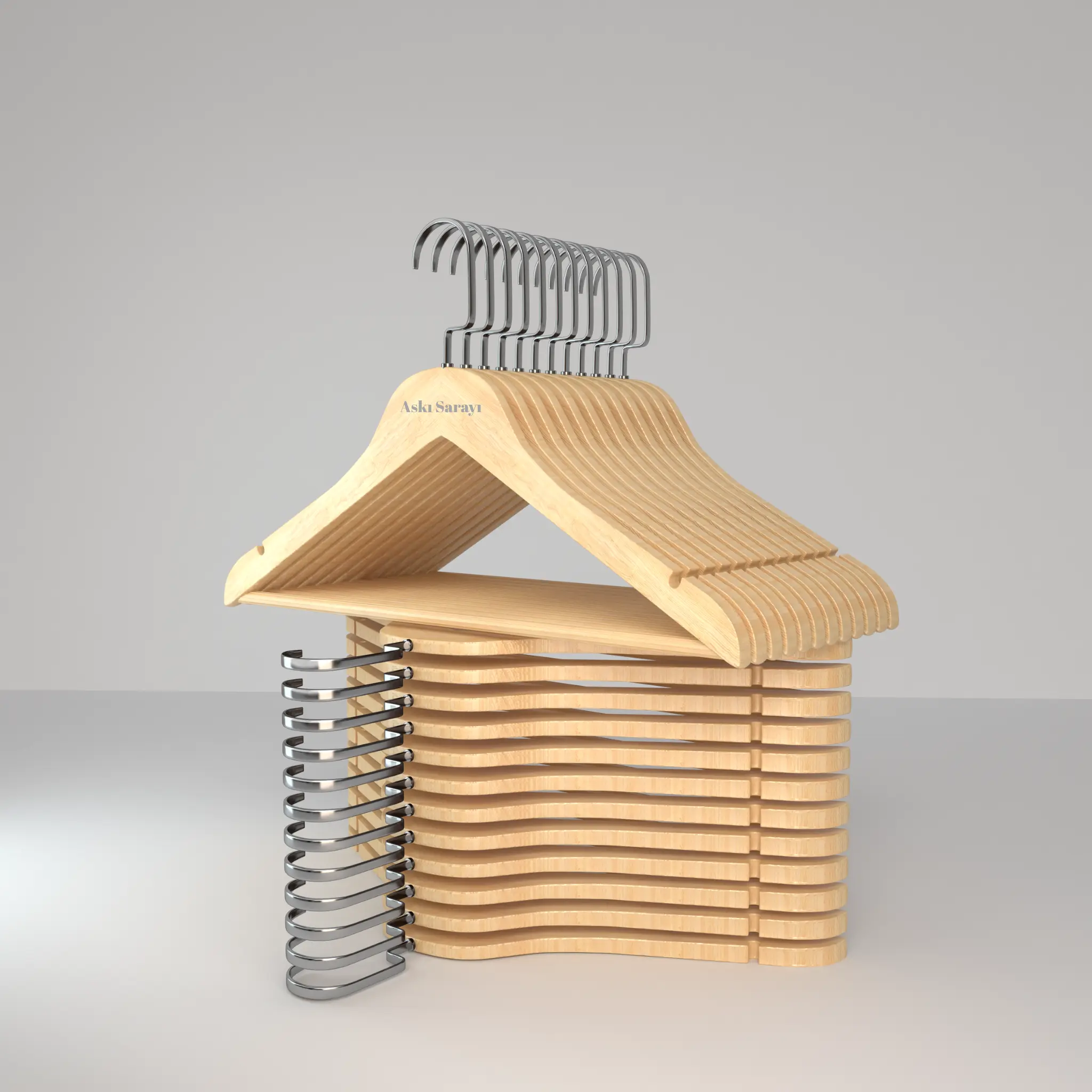 Naturel Ahşap Kıyafet Ve Elbise Askısı Özel Amerikan Kanca M104