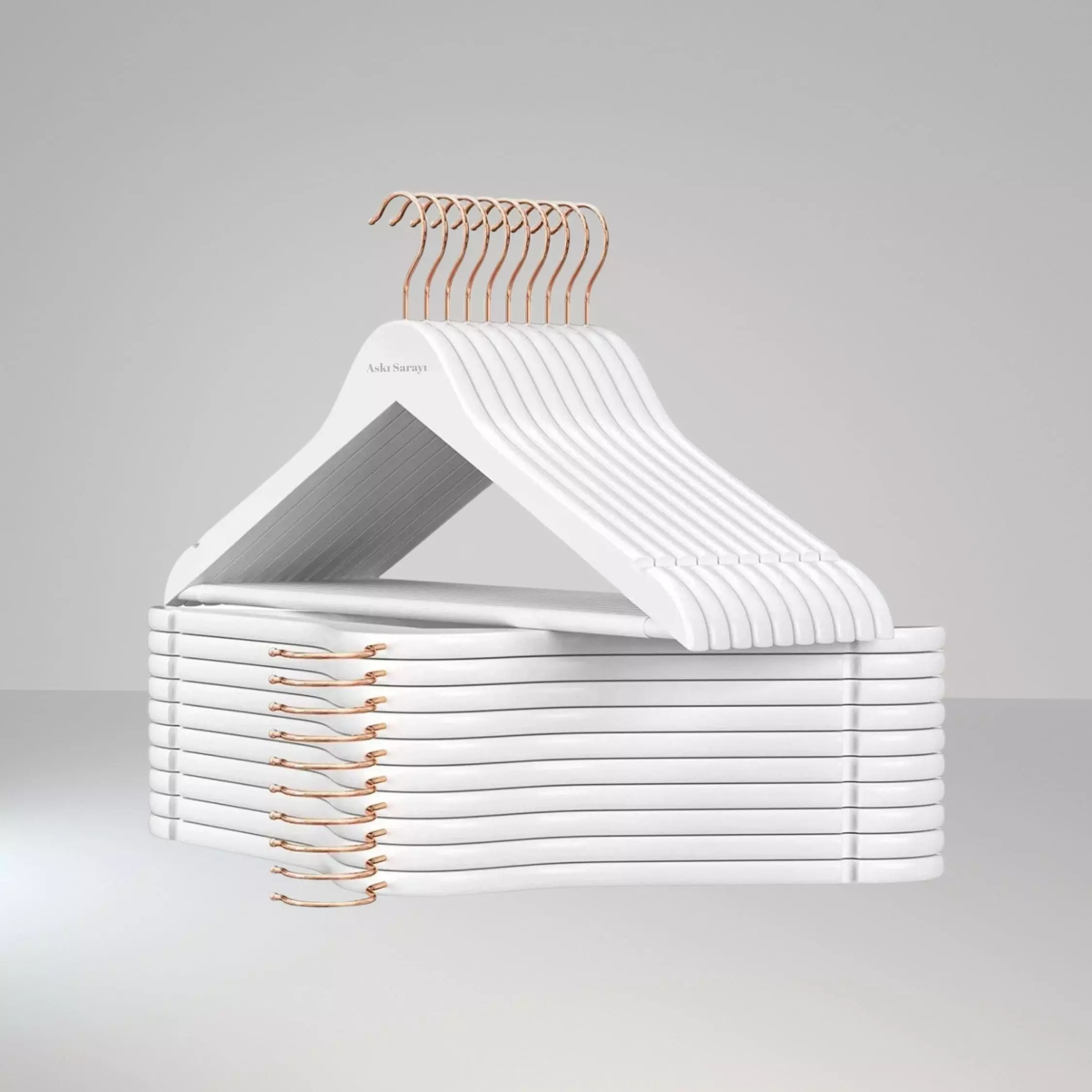 Beyaz Ahşap Kıyafet Ve Elbise Askısı  Özel Gold  Kancalı Lüks Ahşap Askı  M02