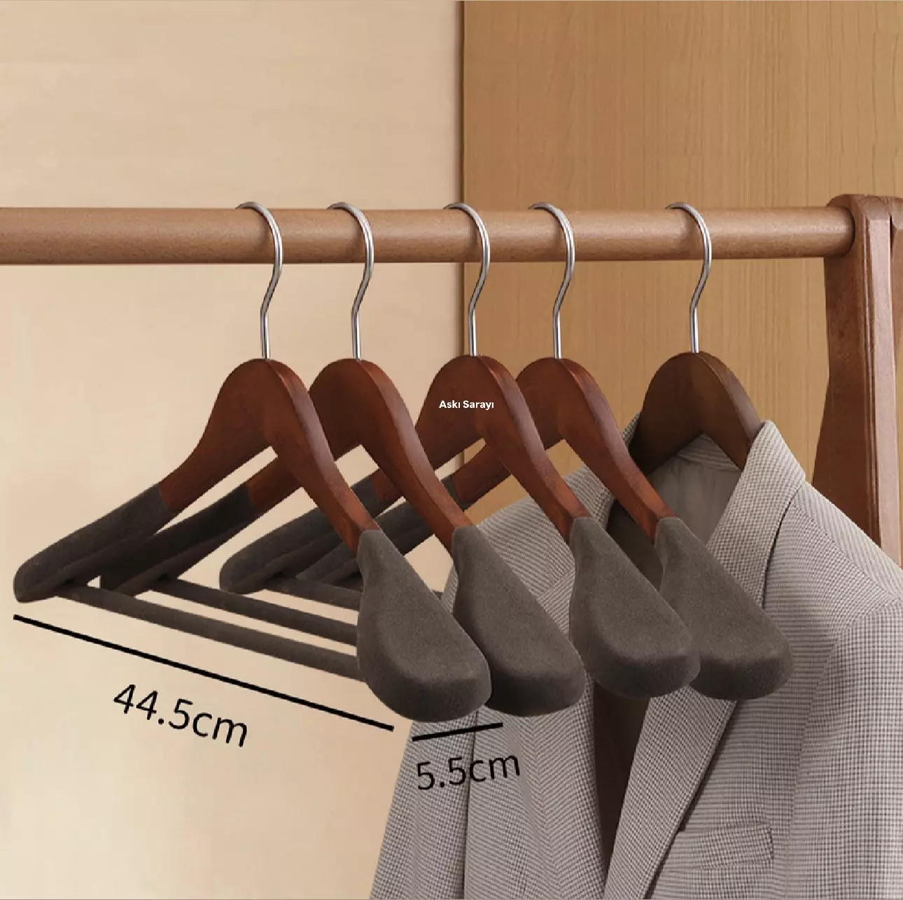 Ceviz Ahşap Ceket Askısı Palto ve Takım Elbise Askısı Özel Kadife Kaplamalı M83