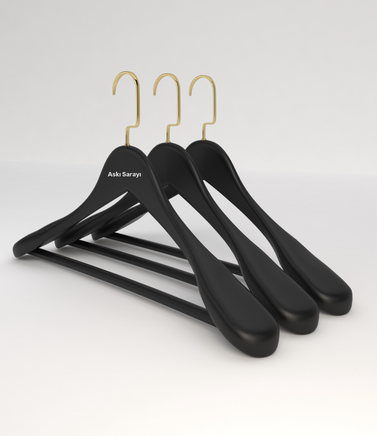 Siyah Ahşap Ceket Askısı Palto ve Takım Elbise Askısı Gold Amerikan Kancalı Özel Seri M119