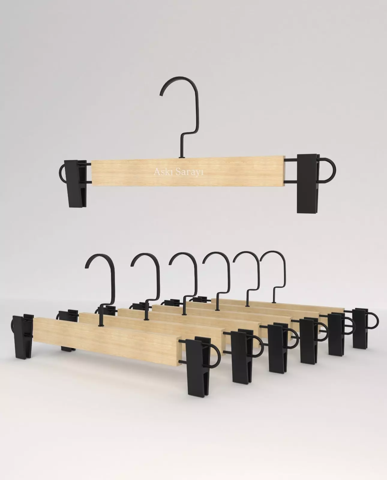 Naturel  Ahşap Pantolon Ve Etek Askısı Siyah Klips Siyah Amerikan Kanca Özel Seri M114