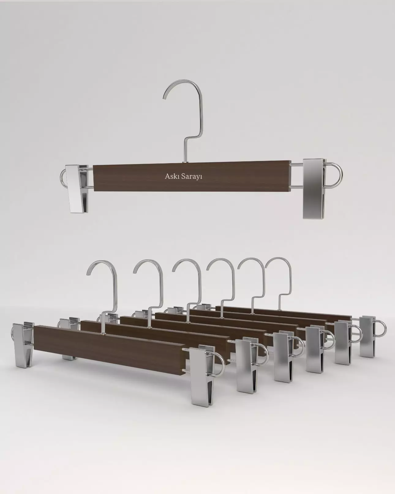 Ceviz  Ahşap Pantolon Ve Etek Askısı Gümüş Klips Gümüş Amerikan Kanca Özel Seri M118