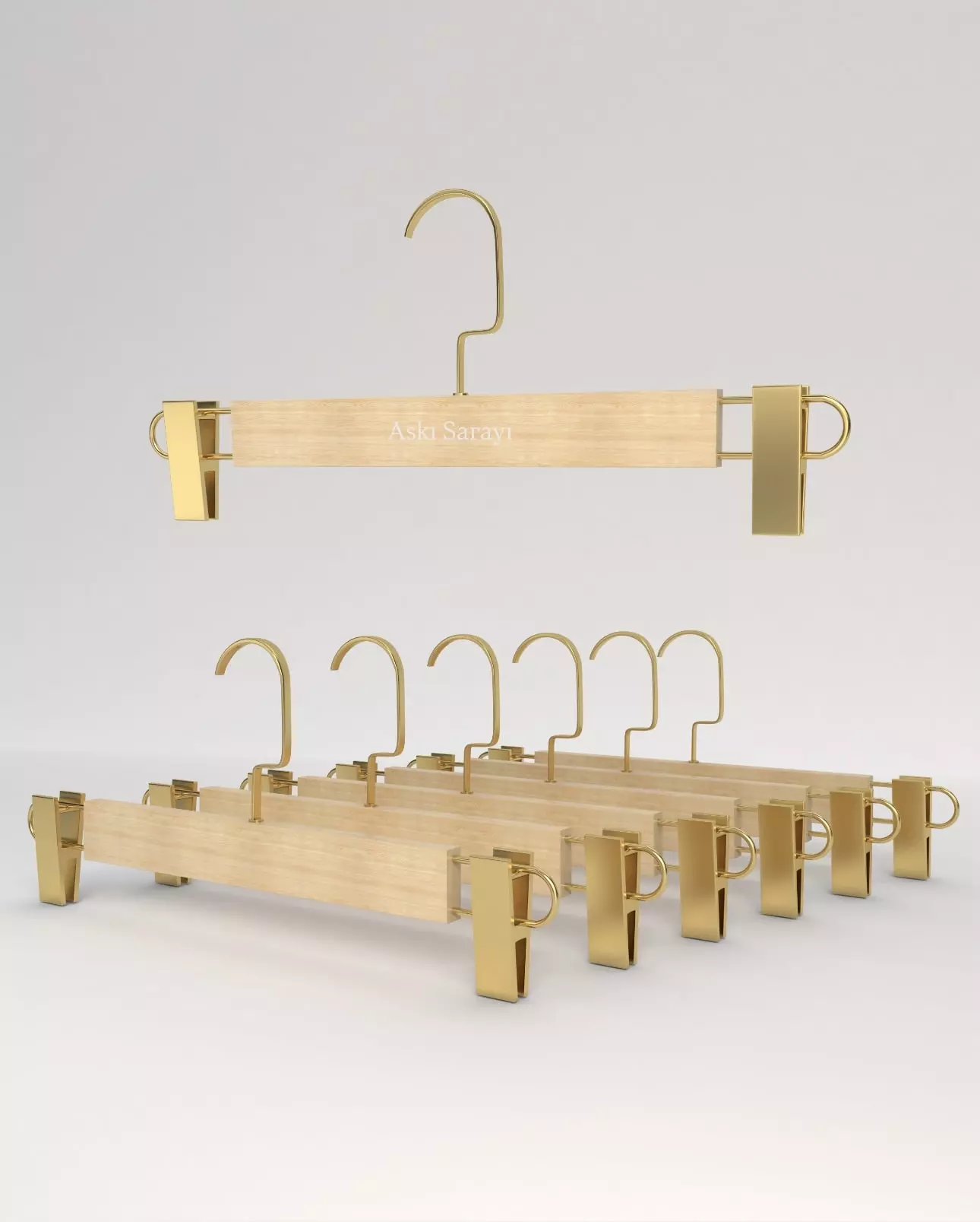 Naturel  Ahşap Pantolon Ve Etek Askısı Gold Klips Gold Amerikan Kanca Özel Seri M111